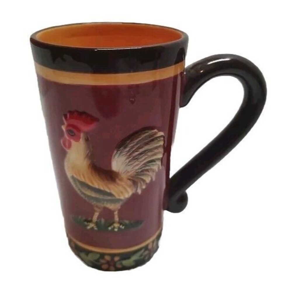 Kimberly Poloson MWW Market  16 oz. Coffee Mug Cup Embossed Rooster Red/Brown